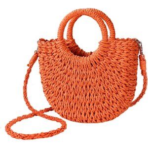 Women's Orange Straw Beach Woven Cross Body Shoulder Top Handle Satchel Handbag